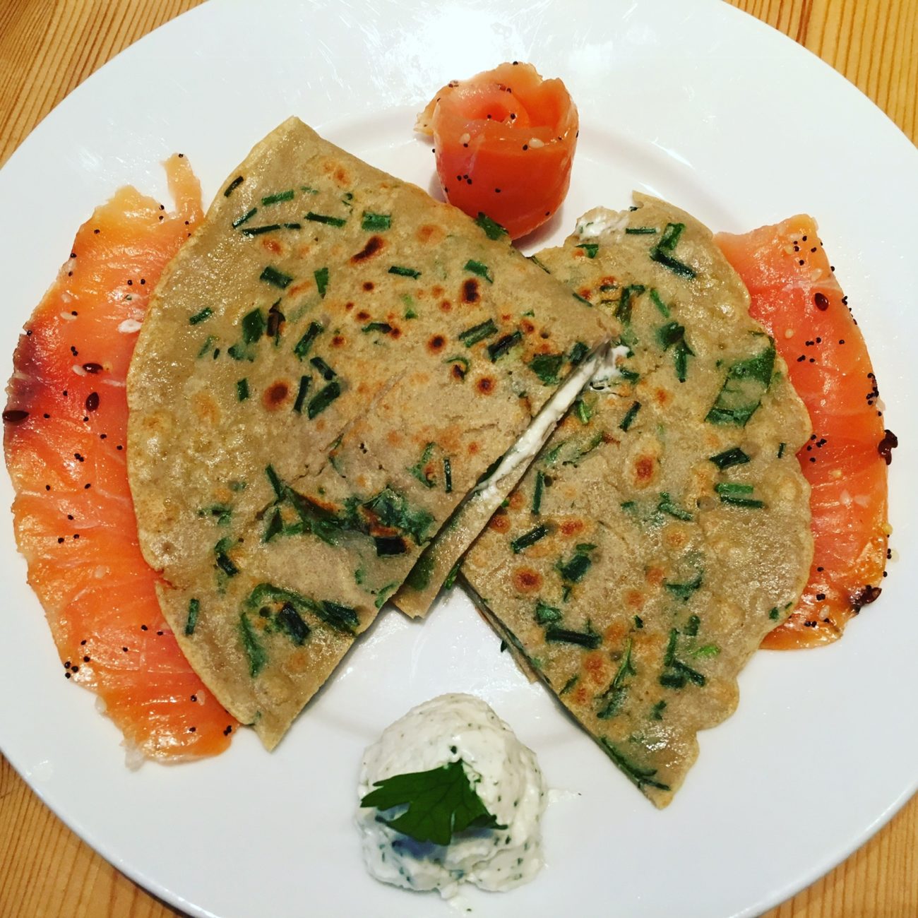 Herb buckwheat galette with smoked salmon