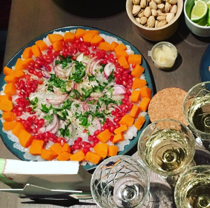 White fish ceviche with sweet potatoes & pomegranate