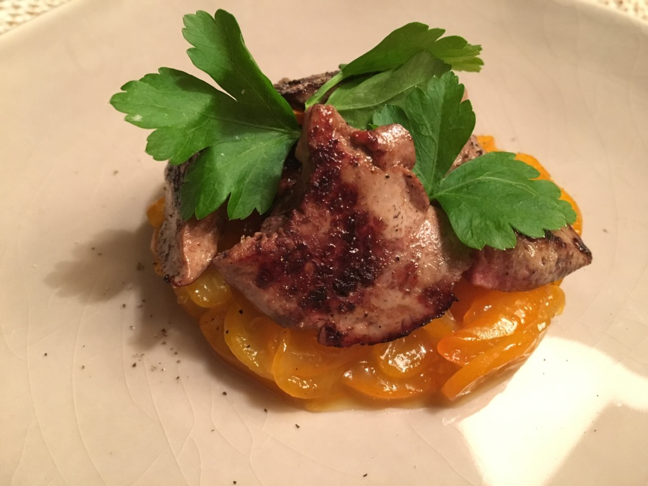 Grilled chicken liver on honey kumquat