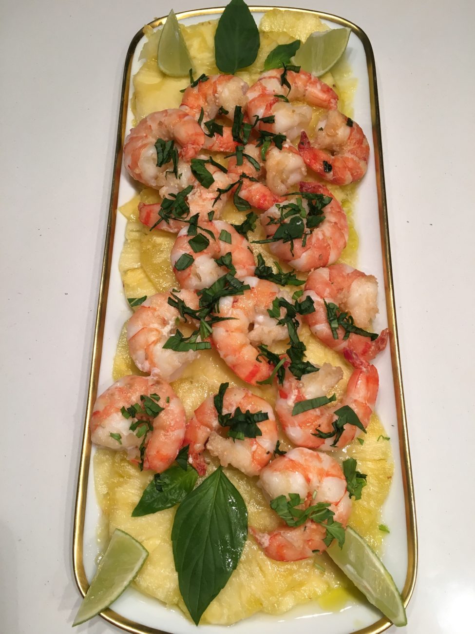 Pineapple carpaccio & grilled gambas