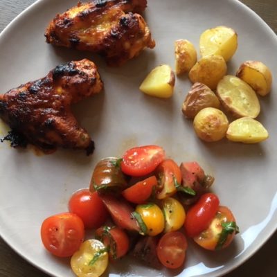 Crispy Chicken Wings and Tomato Salad