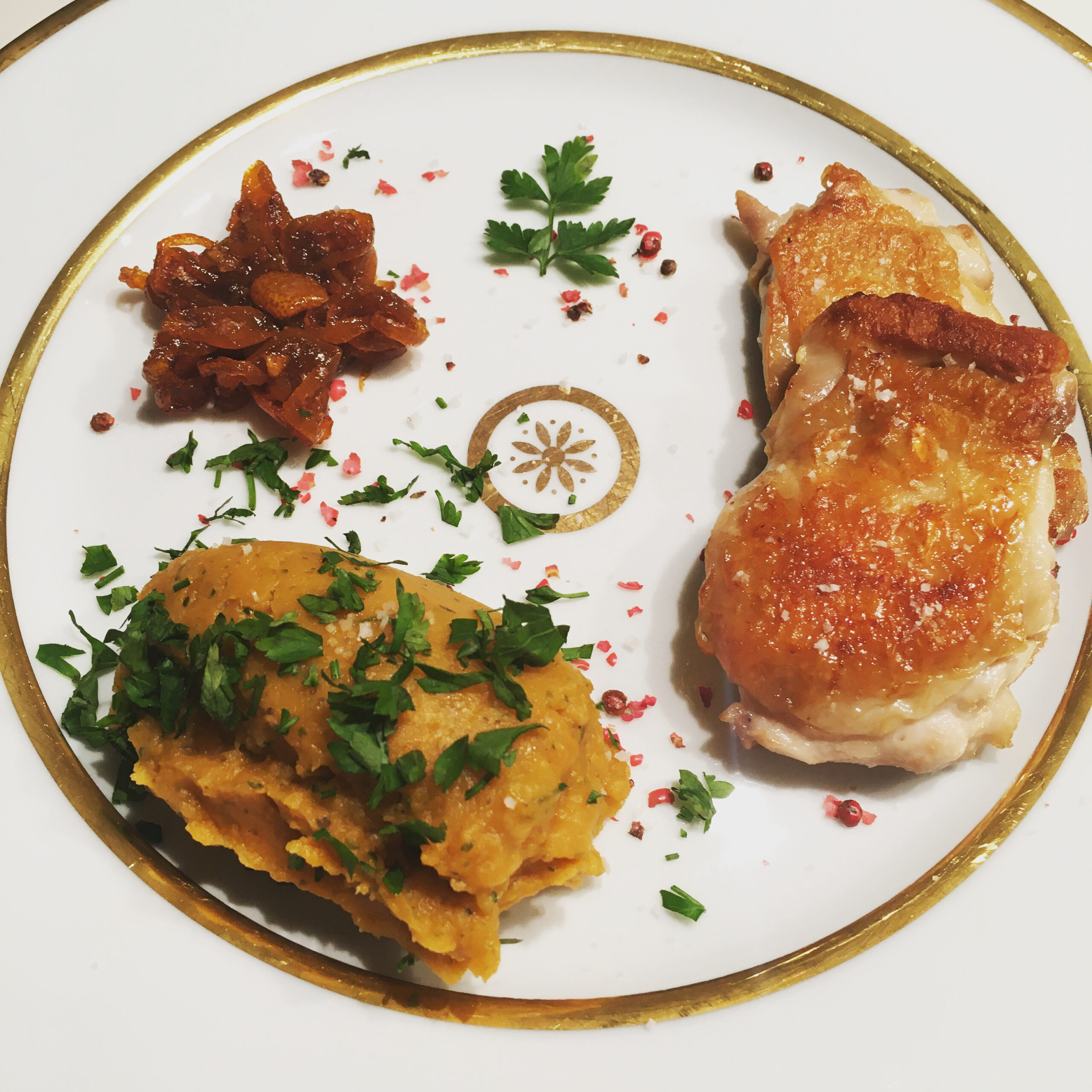 Roasted quail (or chicken) breasts with eggplant sweet potato mash & kumquat compote
